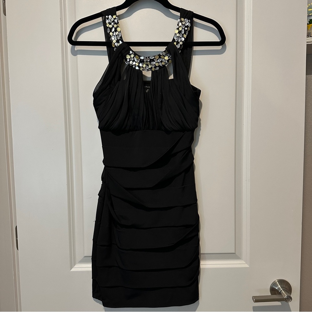 Black Mini Dress with Embellished Neckline - Medium